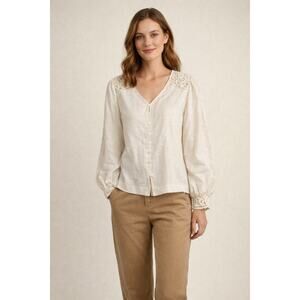 0042 B.Young Medium Cream Textured Blouse 20" PTP with Lace and buttons Top